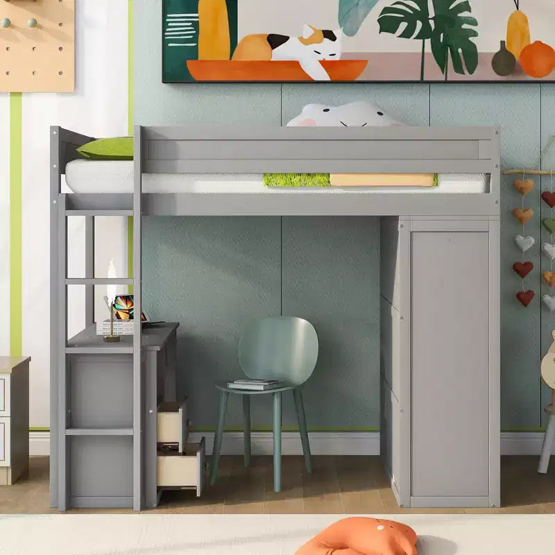 GDFStudio Phillips Loft Bed with Wardrobes and 2-Drawer Desk with Cabinet