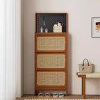 TUYOHW Walnut Rattan Shoe Cabinet with 3 Flip Drawers & Pegboard, 65 Tall Narrow Entryway Storage with Anti-Tip Design