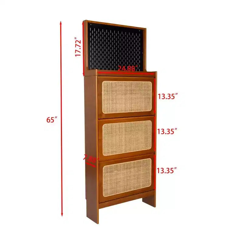 Meuble à chaussures TUYOHW en noyer et rotin avec 3 tiroirs basculants et panneau perforé, meuble de rangement étroit de 65 cm de haut pour entrée avec dispositif anti-basculement