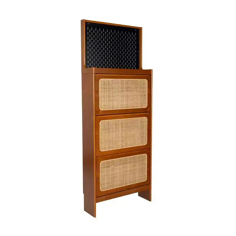 Meuble à chaussures TUYOHW en noyer et rotin avec 3 tiroirs basculants et panneau perforé, meuble de rangement étroit de 65 cm de haut pour entrée avec dispositif anti-basculement