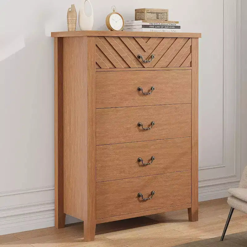 GustoWave 5-Drawer Dresser for Bedroom & Living Room - Modern Wooden Chest with V-Shape Design, Brown