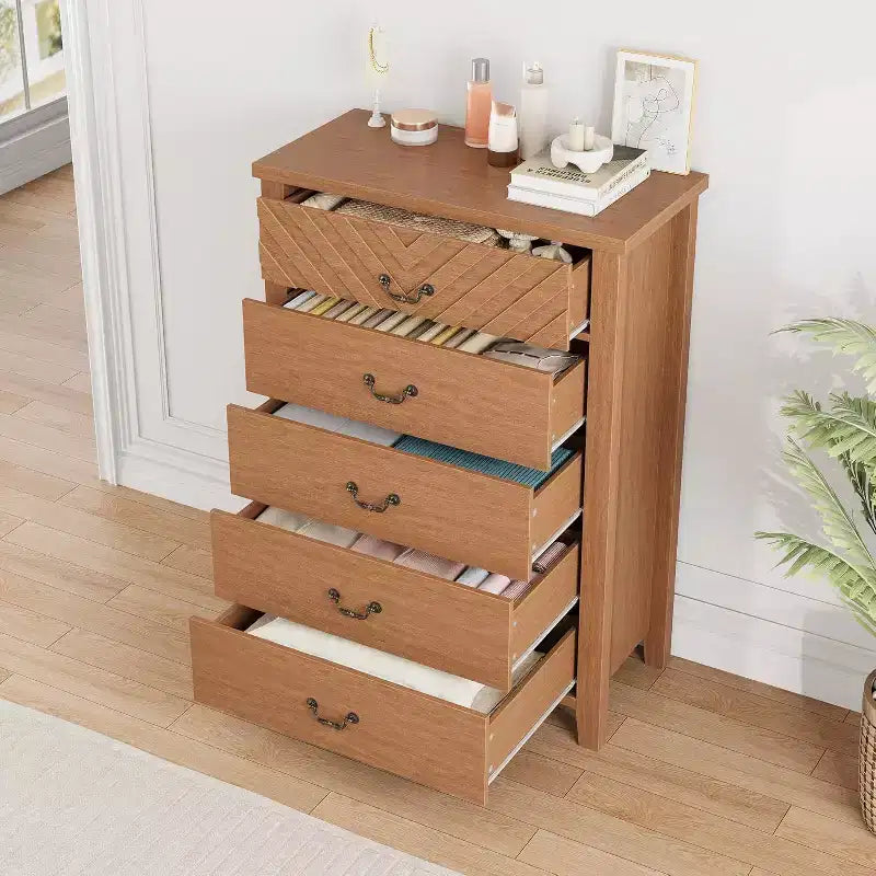 Commode 5 tiroirs GustoWave pour chambre et salon - Commode moderne en bois avec design en V, Marron