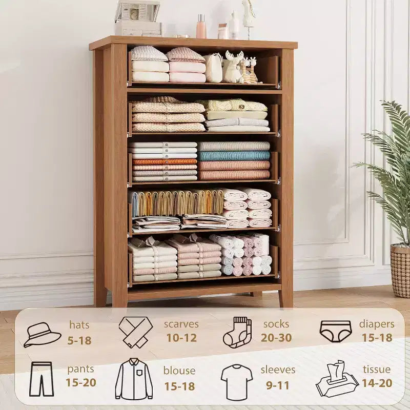 Commode 5 tiroirs GustoWave pour chambre et salon - Commode moderne en bois avec design en V, Marron