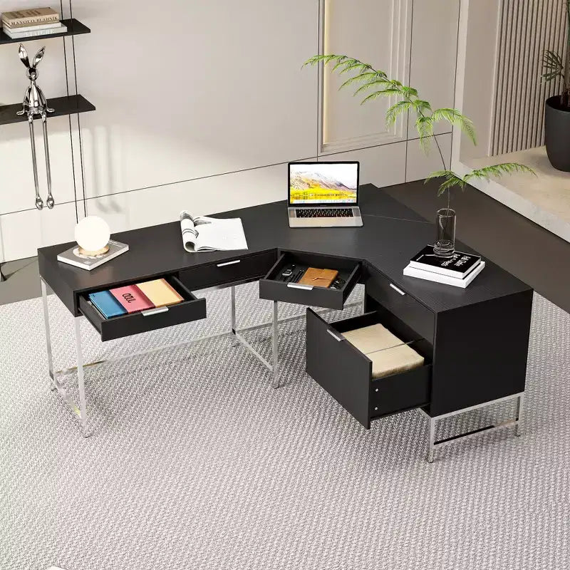 Bureau d'angle Hitow, pour la maison/le commerce, cadre en métal + 5 tiroirs + capacité de charge de 68 kg, bureau d'écriture d'angle