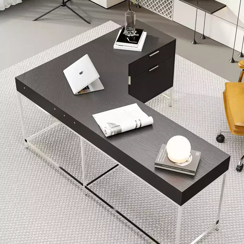 Bureau d'angle Hitow, pour la maison/le commerce, cadre en métal + 5 tiroirs + capacité de charge de 68 kg, bureau d'écriture d'angle