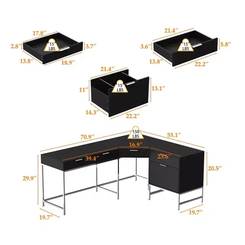 Bureau d'angle Hitow, pour la maison/le commerce, cadre en métal + 5 tiroirs + capacité de charge de 68 kg, bureau d'écriture d'angle