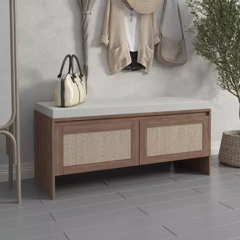 Banc de rangement pour chaussures d'entrée TUYOHW avec portes en similicuir tressé, siège d'entrée en bois avec coussin, armoire à chaussures anti-poussière pour chambre à coucher, salon, marron