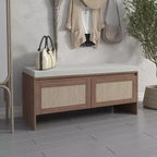 Banc de rangement pour chaussures d'entrée TUYOHW avec portes en similicuir tressé, siège d'entrée en bois avec coussin, armoire à chaussures anti-poussière pour chambre à coucher, salon, marron