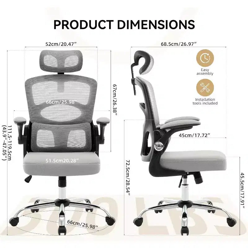 Chaise de bureau ergonomique à dossier haut en maille avec appui-tête réglable, chaise de bureau pivotante à roulettes pour la maison et la salle de jeux