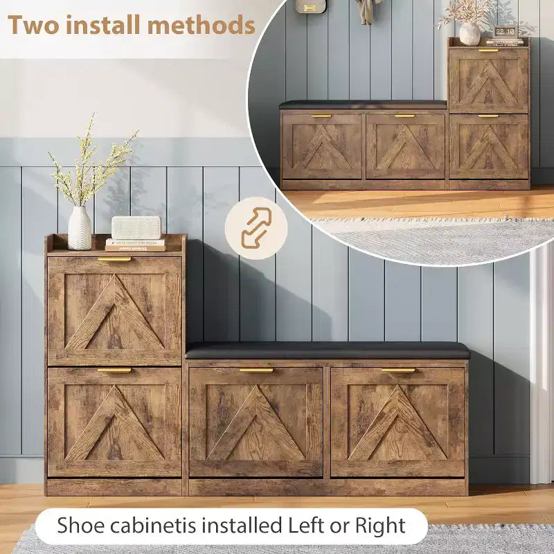 Meuble à chaussures de ferme avec banc et 4 tiroirs basculants, Armoire à chaussures avec banc et coussin confortable, Organiseur de chaussures d'entrée
