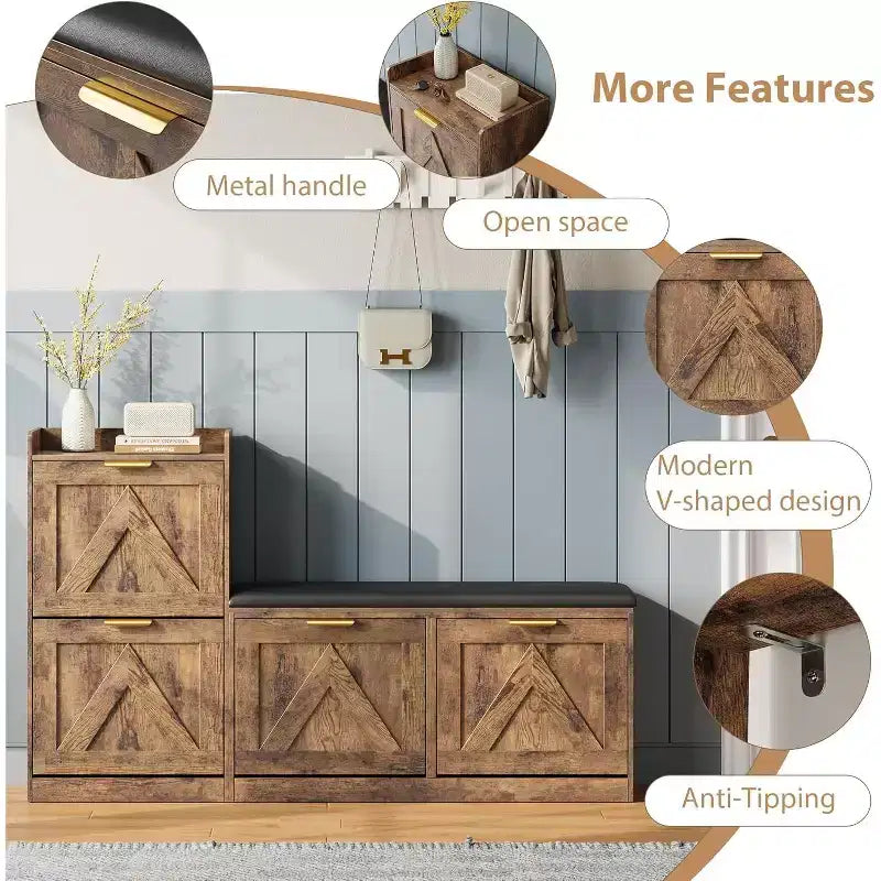 Meuble à chaussures de ferme avec banc et 4 tiroirs basculants, Armoire à chaussures avec banc et coussin confortable, Organiseur de chaussures d'entrée