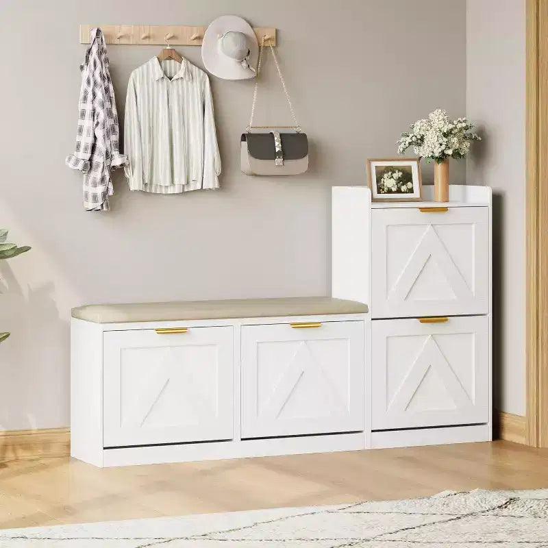 Meuble à chaussures de ferme avec banc et 4 tiroirs basculants, Armoire à chaussures avec banc et coussin confortable, Organiseur de chaussures d'entrée