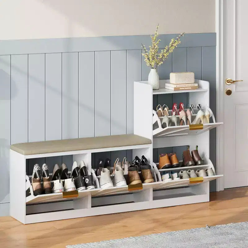 Meuble à chaussures de ferme avec banc et 4 tiroirs basculants, Armoire à chaussures avec banc et coussin confortable, Organiseur de chaussures d'entrée