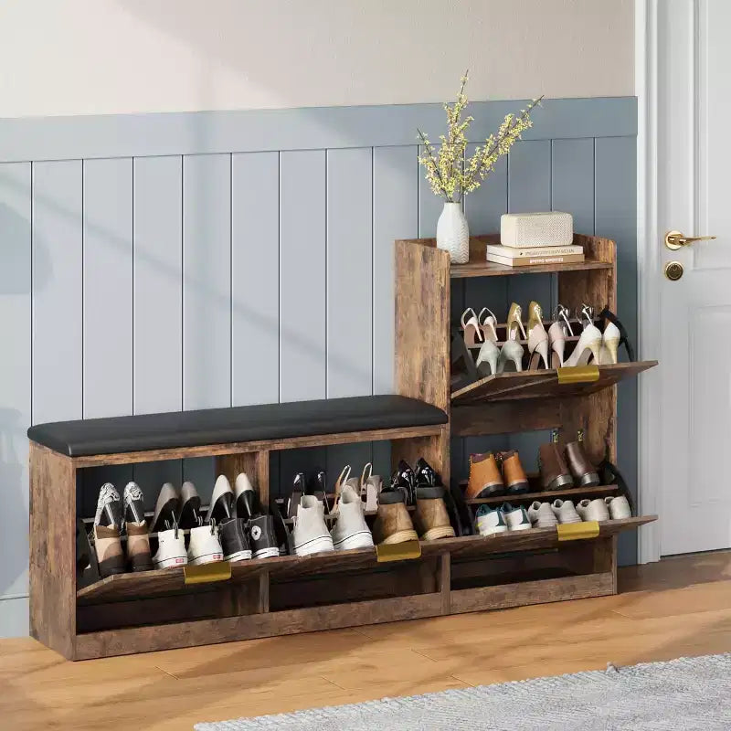 Meuble à chaussures de ferme avec banc et 4 tiroirs basculants, Armoire à chaussures avec banc et coussin confortable, Organiseur de chaussures d'entrée
