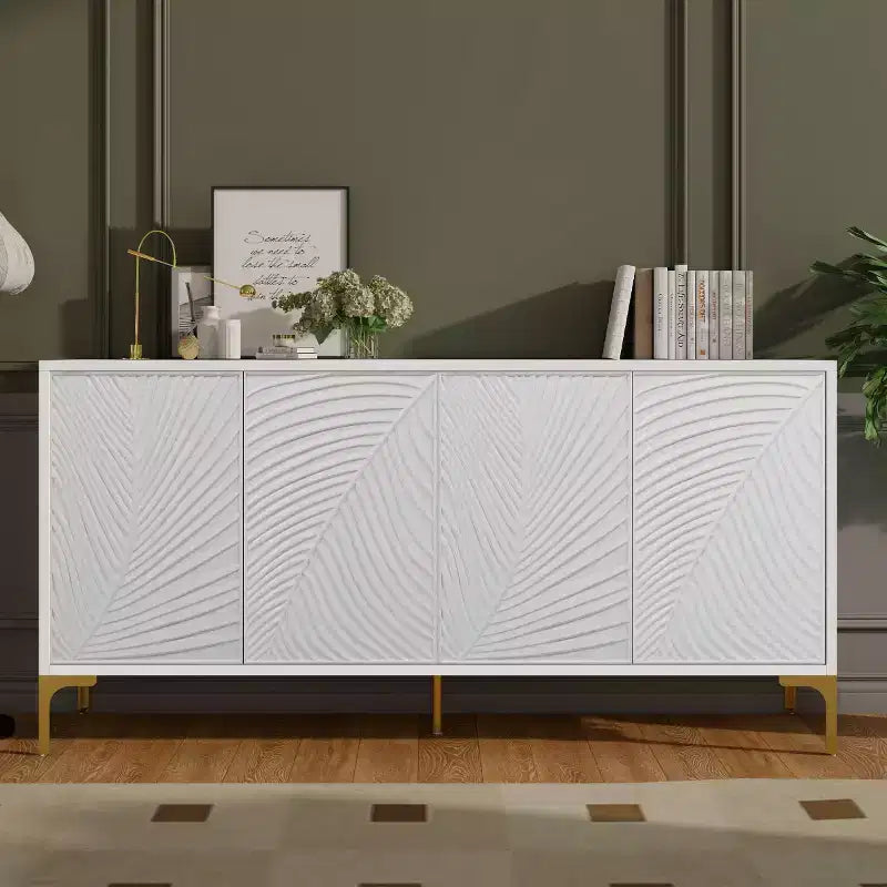 Modern 60 White Sideboard Buffet Cabinet, 4-Door Wood Credenza with 3D Carved Palm Texture & Gold Legs - Panipeachy