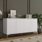 Bahut Buffet Moderne Blanc de 60 po, Enfilade en Bois à 4 Portes avec Texture de Paume Sculptée 3D et Pieds Dorés - Panipeachy