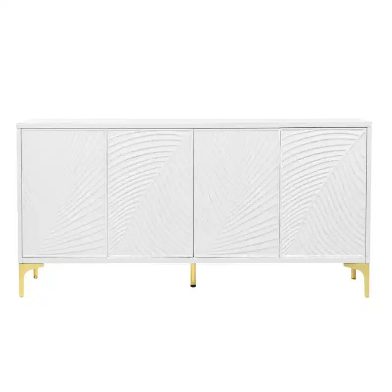 Bahut Buffet Moderne Blanc de 60 po, Enfilade en Bois à 4 Portes avec Texture de Paume Sculptée 3D et Pieds Dorés - Panipeachy