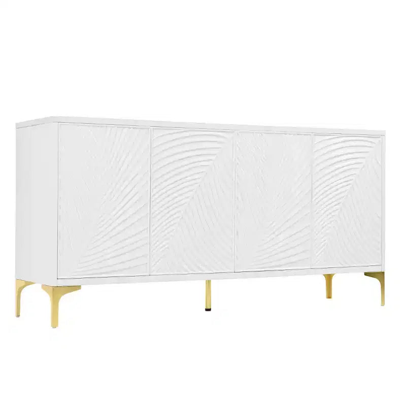 Bahut Buffet Moderne Blanc de 60 po, Enfilade en Bois à 4 Portes avec Texture de Paume Sculptée 3D et Pieds Dorés - Panipeachy
