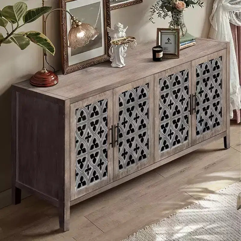 Buffet de salle à manger/crédence de ferme vintage de 152 cm, en bois vieilli avec portes ajourées - Panipeachy