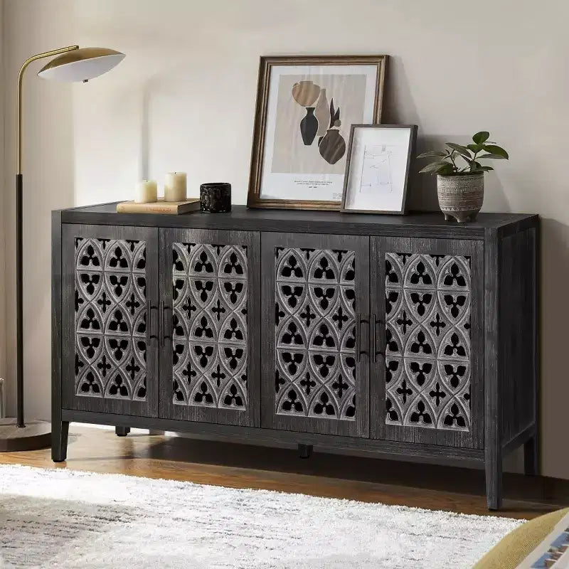 Buffet de salle à manger/crédence de ferme vintage de 152 cm, en bois vieilli avec portes ajourées - Panipeachy