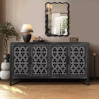 60 Vintage Farmhouse Sideboard Buffet Cabinet, Distressed Wood Credenza with Hollow-Carved Fretwork Doors - Panipeachy