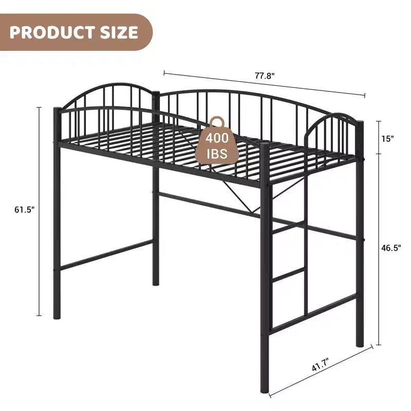 Lit mezzanine compact pour chambre à coucher - Construction métallique robuste - Lattes en acier solides - Design moderne pour enfants, adolescents et adultes