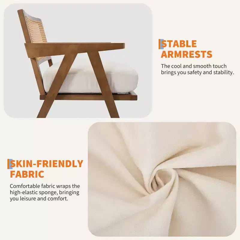 Fauteuil de ferme en bois avec accoudoirs, dossier en rotin et coussin en lin pour salon, chambre à coucher