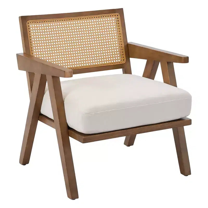 Fauteuil de ferme en bois avec accoudoirs, dossier en rotin et coussin en lin pour salon, chambre à coucher