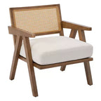 Fauteuil de ferme en bois avec accoudoirs, dossier en rotin et coussin en lin pour salon, chambre à coucher