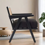Fauteuil de ferme en bois avec accoudoirs, dossier en rotin et coussin en lin pour salon, chambre à coucher