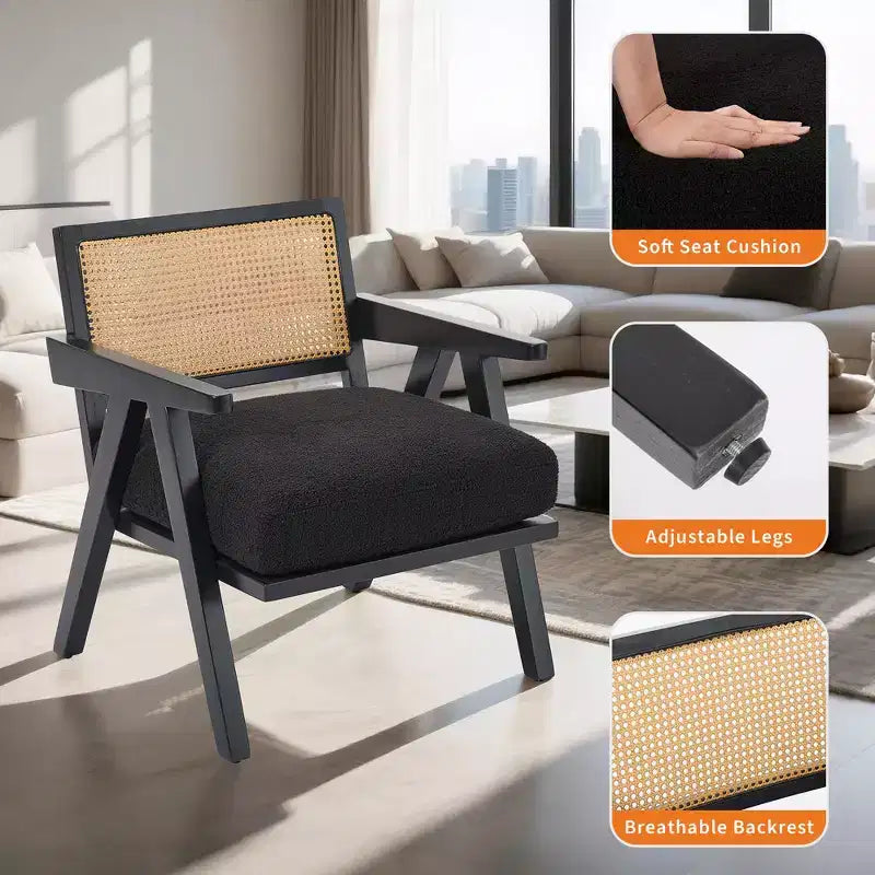 Fauteuil de ferme en bois avec accoudoirs, dossier en rotin et coussin en lin pour salon, chambre à coucher