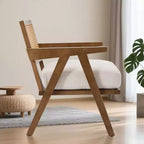 Fauteuil de ferme en bois avec accoudoirs, dossier en rotin et coussin en lin pour salon, chambre à coucher