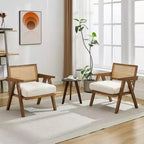 Fauteuil de ferme en bois avec accoudoirs, dossier en rotin et coussin en lin pour salon, chambre à coucher