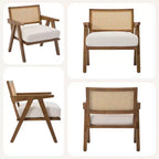 Fauteuil de ferme en bois avec accoudoirs, dossier en rotin et coussin en lin pour salon, chambre à coucher