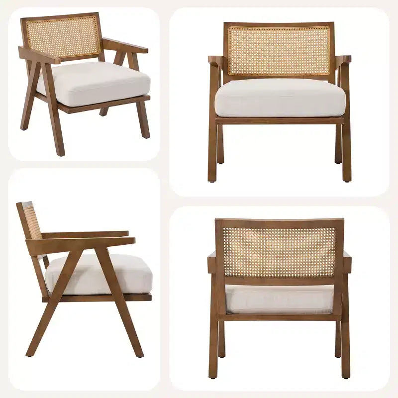 Fauteuil de ferme en bois avec accoudoirs, dossier en rotin et coussin en lin pour salon, chambre à coucher