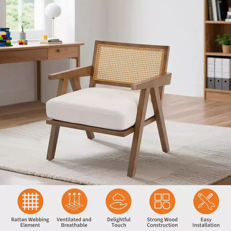 Fauteuil de ferme en bois avec accoudoirs, dossier en rotin et coussin en lin pour salon, chambre à coucher