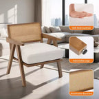 Fauteuil de ferme en bois avec accoudoirs, dossier en rotin et coussin en lin pour salon, chambre à coucher