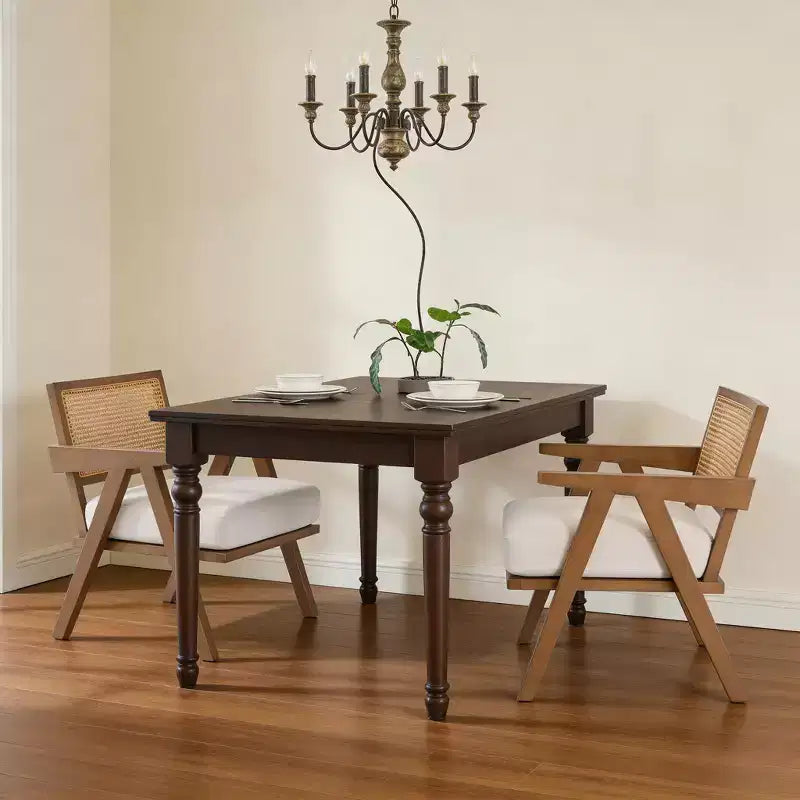 Wood Farmhouse Accent Chair with Arm, Rattan Backrest & Linen Cushion for Living Room, Bedroom
