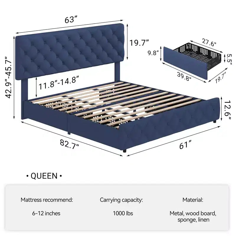 Cadre de lit plateforme en similicuir avec 4 tiroirs de rangement, tête de lit réglable, aucun sommier tapissier requis, taille Queen (bleu)