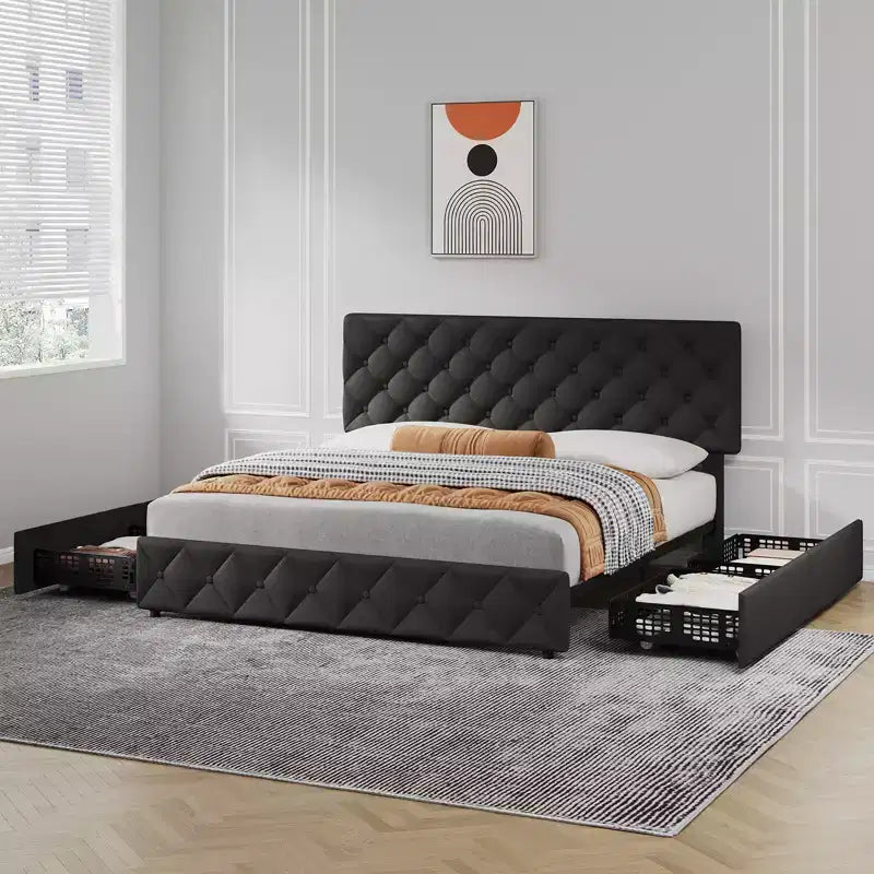 Faux Leather Platform Bed Frame with 4 Storage Drawers, Adjustable Headboard, No Box Spring Needed, Queen Size (Blue)