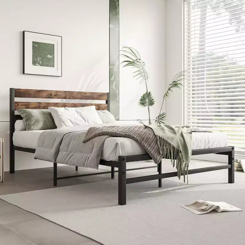 MAYEERTY Full Size Metal Platform Bed Frame with Wooden Headboard, Under Bed Storage & Noise-Free for Bedroom