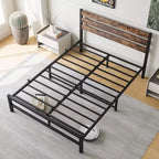 MAYEERTY Cadre de lit plateforme en métal pleine grandeur avec tête de lit en bois, rangement sous le lit et silencieux pour chambre à coucher