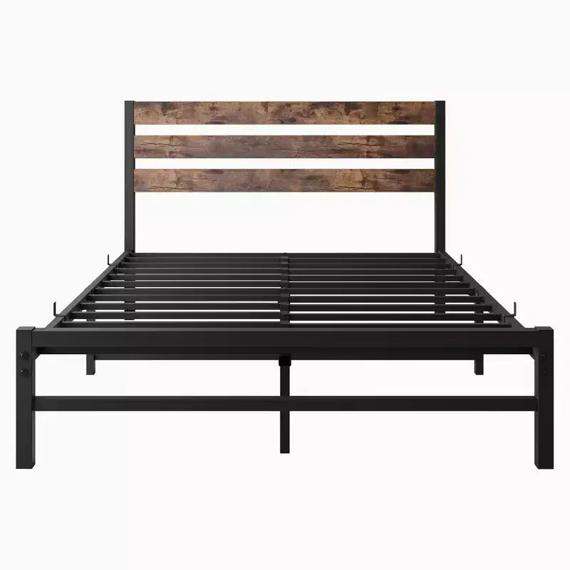 MAYEERTY Cadre de lit plateforme en métal pleine grandeur avec tête de lit en bois, rangement sous le lit et silencieux pour chambre à coucher