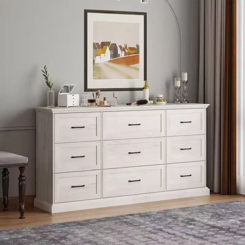 Hitow Rustic Wide Storage Dresser 9-Drawer Chest 70.9 Width Living Room Media Dresser Bedroom Organizer