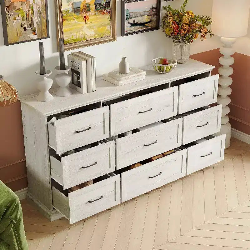 Commode de Rangement Large Rustique Hitow 9 Tiroirs 70,9" de Large pour Salon, Meuble TV, Organisateur de Chambre à Coucher