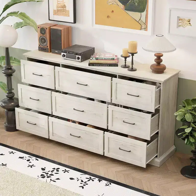 Commode de Rangement Large Rustique Hitow 9 Tiroirs 70,9" de Large pour Salon, Meuble TV, Organisateur de Chambre à Coucher