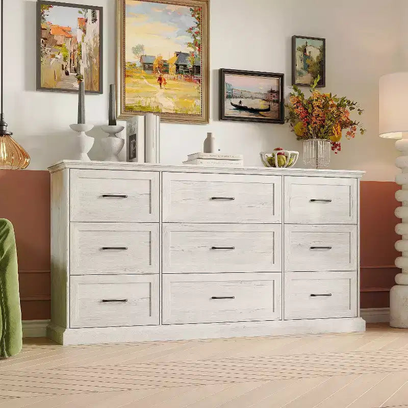 Commode de Rangement Large Rustique Hitow 9 Tiroirs 70,9" de Large pour Salon, Meuble TV, Organisateur de Chambre à Coucher