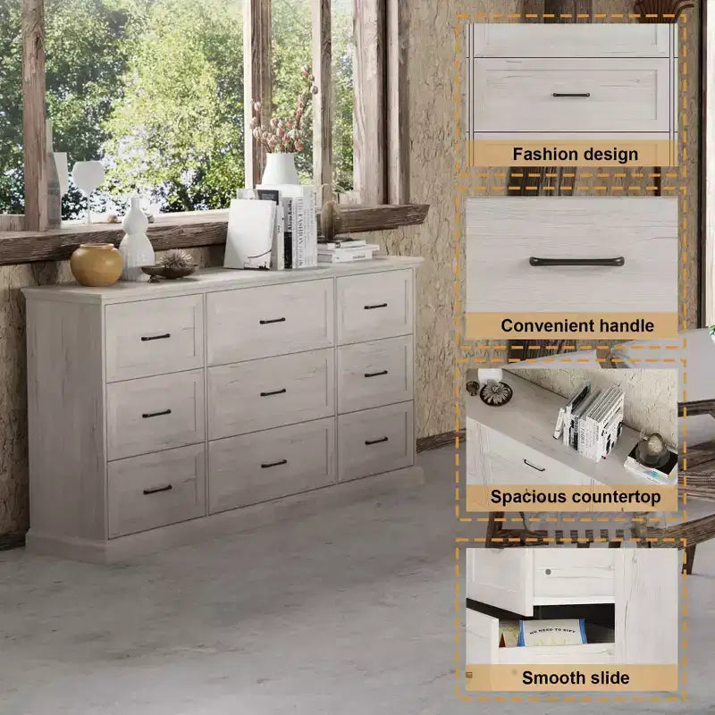 Commode de Rangement Large Rustique Hitow 9 Tiroirs 70,9" de Large pour Salon, Meuble TV, Organisateur de Chambre à Coucher
