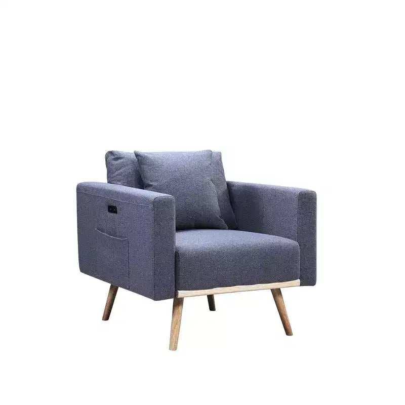 Fauteuil d'appoint TUYOHW, fauteuil en tissu de lin gris avec coussin décoratif, ports de chargement USB, poches latérales, pieds en bois massif, fauteuil simple pour salon.