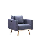 Fauteuil d'appoint TUYOHW, fauteuil en tissu de lin gris avec coussin décoratif, ports de chargement USB, poches latérales, pieds en bois massif, fauteuil simple pour salon.